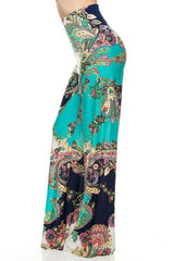 Niobe Clothing High Waist Fold Over Wide Leg Gaucho Palazzo Pants (Mint Paisley) - pants