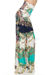Niobe Clothing High Waist Fold Over Wide Leg Gaucho Palazzo Pants (Mint Paisley) - pants