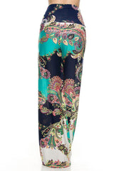 Niobe Clothing High Waist Fold Over Wide Leg Gaucho Palazzo Pants (Mint Paisley) - pants
