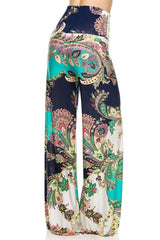 Niobe Clothing High Waist Fold Over Wide Leg Gaucho Palazzo Pants (Mint Paisley) - pants