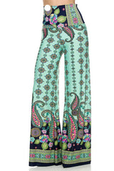 Niobe Clothing High Waist Fold Over Wide Leg Palazzo Pants (Mint Floral) - pants