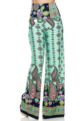 Niobe Clothing High Waist Fold Over Wide Leg Palazzo Pants (Mint Floral) - pants
