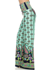 Niobe Clothing High Waist Fold Over Wide Leg Palazzo Pants (Mint Floral) - pants