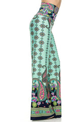 Niobe Clothing High Waist Fold Over Wide Leg Palazzo Pants (Mint Floral) - pants