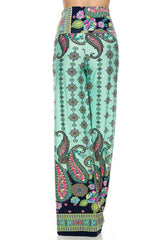 Niobe Clothing High Waist Fold Over Wide Leg Palazzo Pants (Mint Floral) - pants