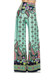 Niobe Clothing High Waist Fold Over Wide Leg Palazzo Pants (Mint Floral) - pants