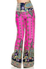 Niobe Clothing High Waist Fold Over Wide Leg Palazzo Pants (Pink Floral) - pants