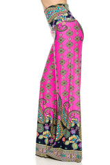 Niobe Clothing High Waist Fold Over Wide Leg Palazzo Pants (Pink Floral) - pants