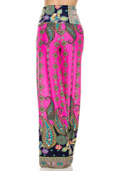 Niobe Clothing High Waist Fold Over Wide Leg Palazzo Pants (Pink Floral) - pants