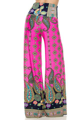 Niobe Clothing High Waist Fold Over Wide Leg Palazzo Pants (Pink Floral) - pants