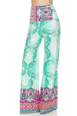 Niobe Clothing High Waist Fold Over Wide Leg Gaucho Palazzo Pants (Aqua Paisley) - pants