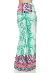 Niobe Clothing High Waist Fold Over Wide Leg Gaucho Palazzo Pants (Aqua Paisley) - pants