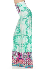 Niobe Clothing High Waist Fold Over Wide Leg Gaucho Palazzo Pants (Aqua Paisley) - pants