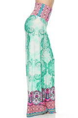Niobe Clothing High Waist Fold Over Wide Leg Gaucho Palazzo Pants (Aqua Paisley) - pants