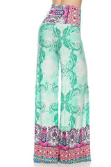 Niobe Clothing High Waist Fold Over Wide Leg Gaucho Palazzo Pants (Aqua Paisley) - pants