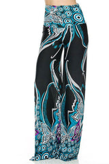Niobe Clothing High Waisted Fold Over Wide Leg Gaucho Palazzo Pants (Black/Aqua) - pants