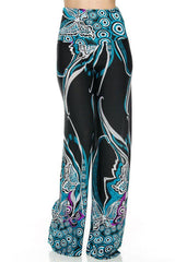 Niobe Clothing High Waisted Fold Over Wide Leg Gaucho Palazzo Pants (Black/Aqua) - pants