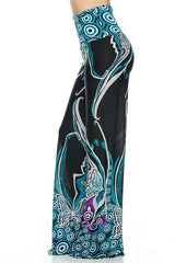 Niobe Clothing High Waisted Fold Over Wide Leg Gaucho Palazzo Pants (Black/Aqua) - pants