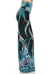 Niobe Clothing High Waisted Fold Over Wide Leg Gaucho Palazzo Pants (Black/Aqua) - pants