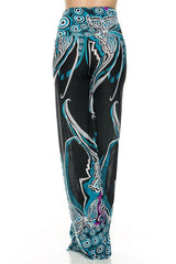 Niobe Clothing High Waisted Fold Over Wide Leg Gaucho Palazzo Pants (Black/Aqua) - pants