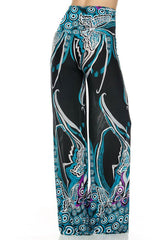 Niobe Clothing High Waisted Fold Over Wide Leg Gaucho Palazzo Pants (Black/Aqua) - pants