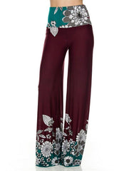 Niobe Clothing High Waisted Fold Over Wide Leg Gaucho Palazzo Pants (Burgundy) - pants