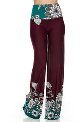 Niobe Clothing High Waisted Fold Over Wide Leg Gaucho Palazzo Pants (Burgundy) - pants