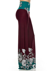 Niobe Clothing High Waisted Fold Over Wide Leg Gaucho Palazzo Pants (Burgundy) - pants