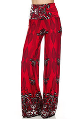 Niobe Clothing High Waisted Fold Over Wide Leg Gaucho Palazzo Pants (Red/Multi) - pants