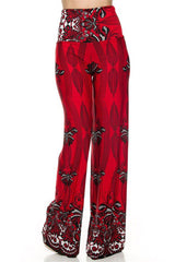 Niobe Clothing High Waisted Fold Over Wide Leg Gaucho Palazzo Pants (Red/Multi) - pants