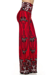 Niobe Clothing High Waisted Fold Over Wide Leg Gaucho Palazzo Pants (Red/Multi) - pants