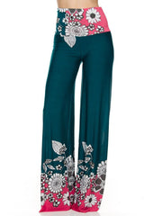 Niobe Clothing High Waist Fold Over Wide Leg Gaucho Palazzo Pants (Green Pink Floral) - pants