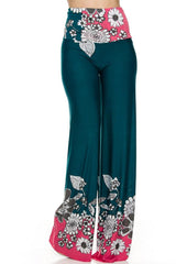 Niobe Clothing High Waist Fold Over Wide Leg Gaucho Palazzo Pants (Green Pink Floral) - pants