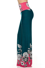 Niobe Clothing High Waist Fold Over Wide Leg Gaucho Palazzo Pants (Green Pink Floral) - pants