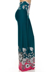 Niobe Clothing High Waist Fold Over Wide Leg Gaucho Palazzo Pants (Green Pink Floral) - pants
