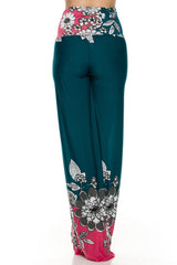 Niobe Clothing High Waist Fold Over Wide Leg Gaucho Palazzo Pants (Green Pink Floral) - pants