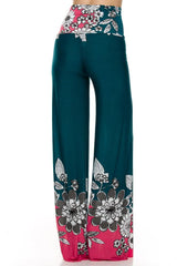 Niobe Clothing High Waist Fold Over Wide Leg Gaucho Palazzo Pants (Green Pink Floral) - pants