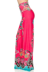 Niobe Clothing High Waist Fold Over Wide Leg Palazzo Pants (Coral Paisley) - pants