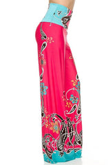 Niobe Clothing High Waist Fold Over Wide Leg Palazzo Pants (Coral Paisley) - pants