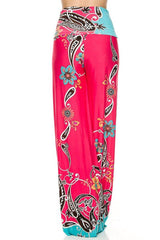 Niobe Clothing High Waist Fold Over Wide Leg Palazzo Pants (Coral Paisley) - pants