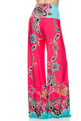 Niobe Clothing High Waist Fold Over Wide Leg Palazzo Pants (Coral Paisley) - pants
