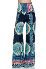 Niobe Clothing High Waist Fold Over Wide Leg Gaucho Palazzo Pants (Navy Multi Tribal) - pants