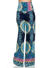 Niobe Clothing High Waist Fold Over Wide Leg Gaucho Palazzo Pants (Navy Multi Tribal) - pants
