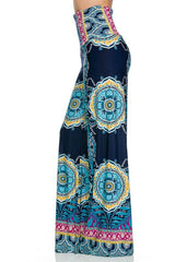 Niobe Clothing High Waist Fold Over Wide Leg Gaucho Palazzo Pants (Navy Multi Tribal) - pants
