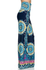 Niobe Clothing High Waist Fold Over Wide Leg Gaucho Palazzo Pants (Navy Multi Tribal) - pants
