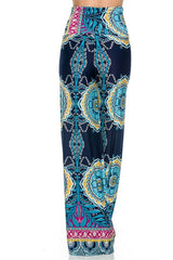 Niobe Clothing High Waist Fold Over Wide Leg Gaucho Palazzo Pants (Navy Multi Tribal) - pants