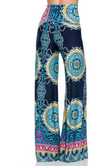 Niobe Clothing High Waist Fold Over Wide Leg Gaucho Palazzo Pants (Navy Multi Tribal) - pants