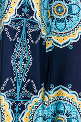 Niobe Clothing High Waist Fold Over Wide Leg Gaucho Palazzo Pants (Navy Multi Tribal) - pants