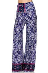 Niobe Clothing High Waist Fold Over Wide Leg Palazzo Pants (Royal Damask) - pants