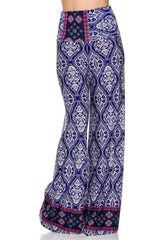 Niobe Clothing High Waist Fold Over Wide Leg Palazzo Pants (Royal Damask) - pants